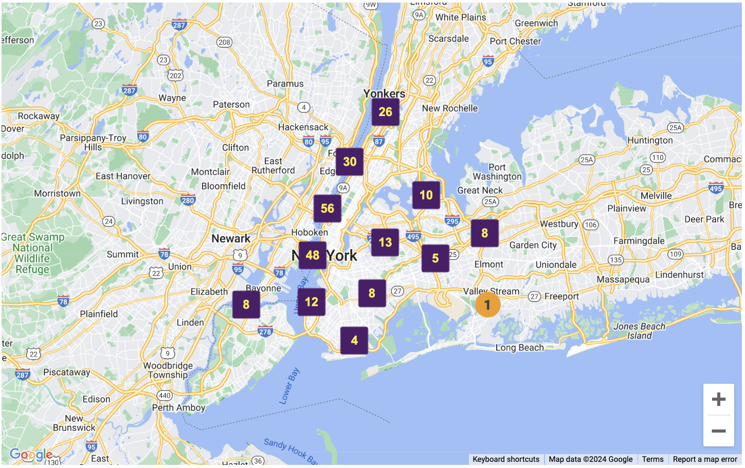 Google Map view of the New York Metro Area, with numeric labels placed at various locations.