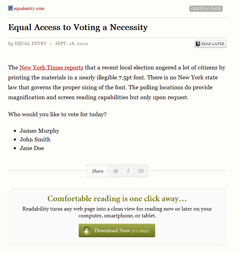 Readability view of this blog post demonstrates the font is larger and easier to read