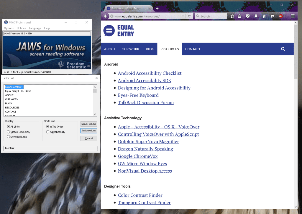 JAWS displays a links list