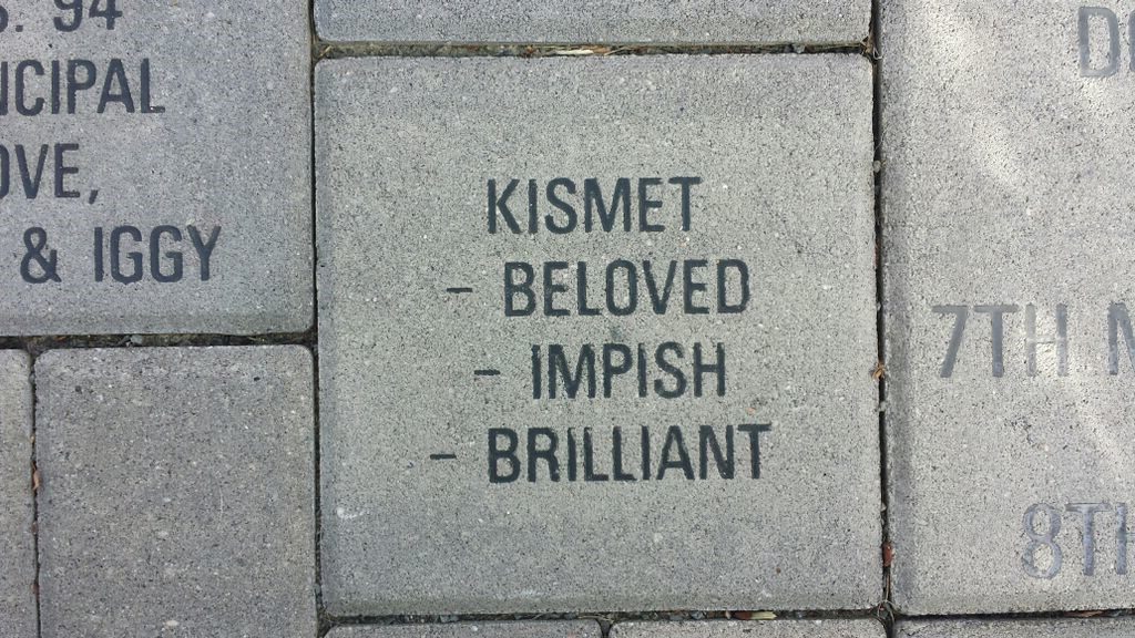 Brick that says Kismet: Beloved, Impish, Brilliant