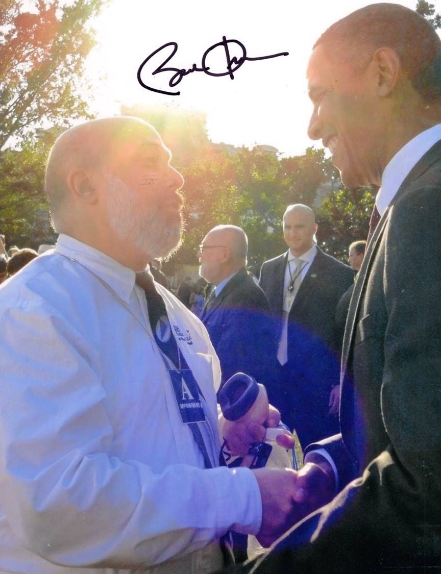 Dr. Joel Snyder providing audio description at The White House and meeting President Obama.