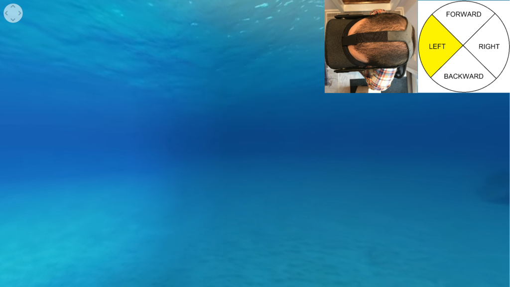 Audio Description: You descend to the ocean floor. Light blue water collapses into dark blue water in the far distance. (Note: Based on our research, it is okay to use the same descriptive language for more than one direction if there is truly no major difference in content.)