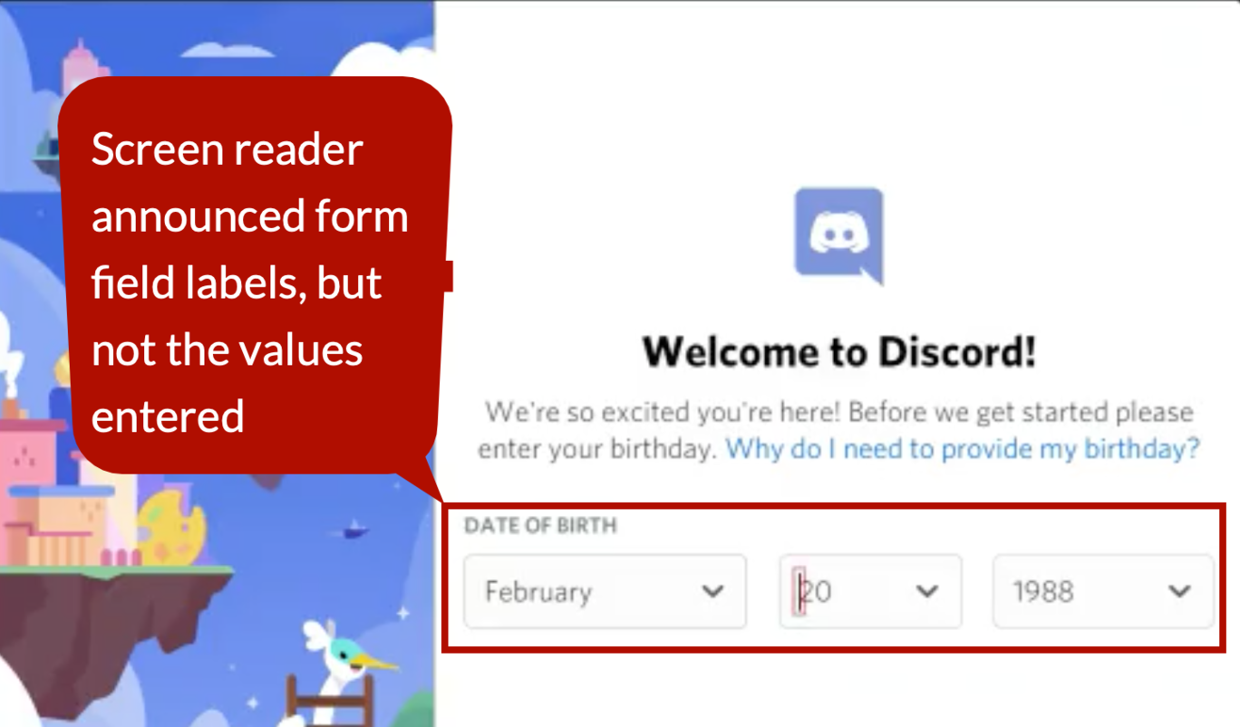 Discord UI showing popup that points out the screen reader will announce the names of the fields but not the values