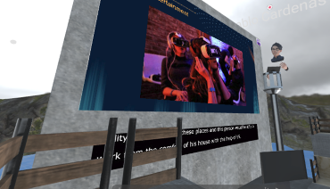 Wood fence partially blocks captions