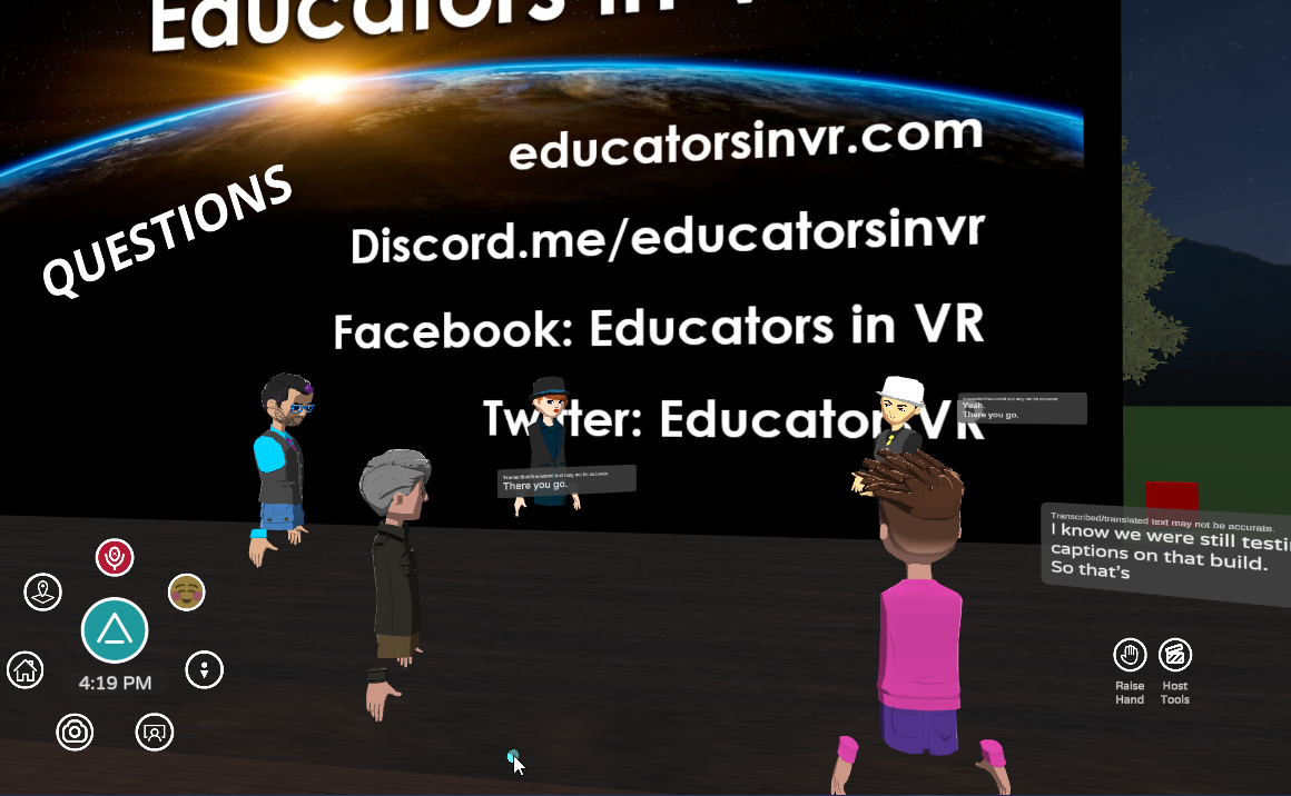 Five avatars chatting in a circle with three having chat bubbles where one is at the speaker's waist and others next to the avatar's head