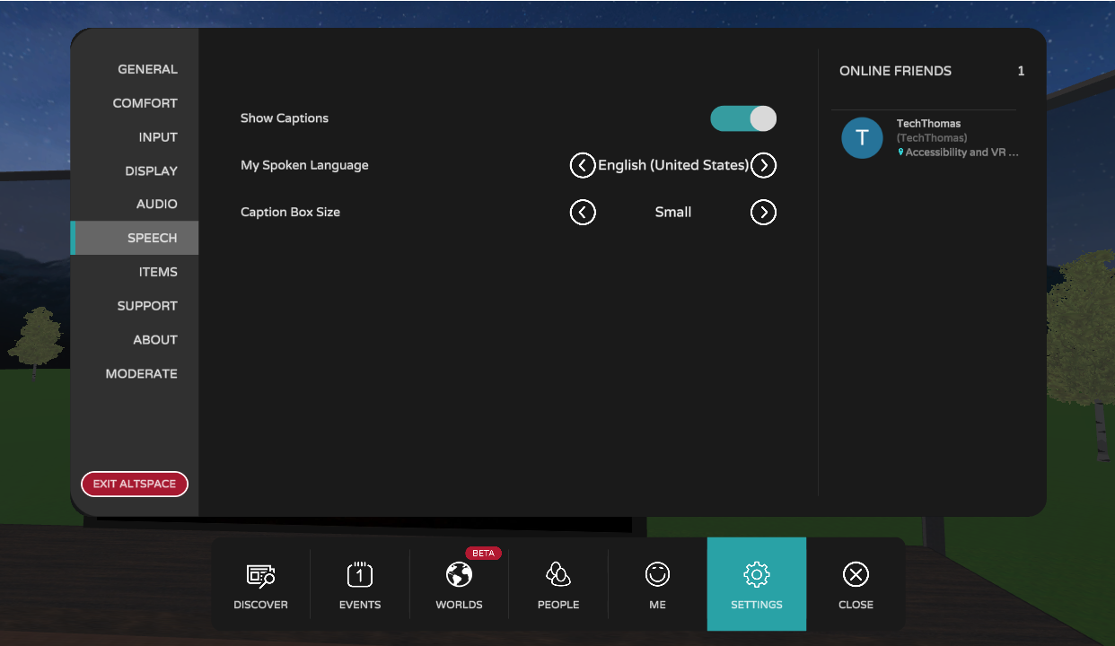 AltspaceVR Settings for Speech to manage caption options and language