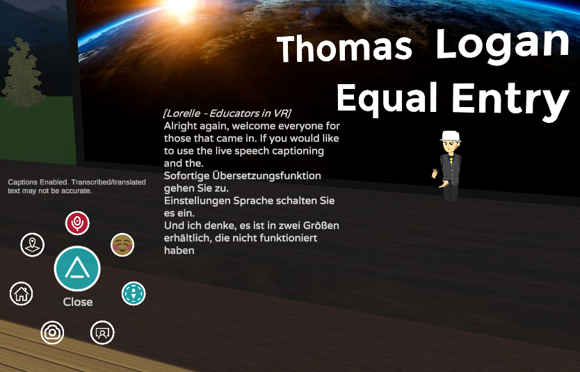 Large screen showing Educators in VR with Thomas and Lorelle on stage and captions appearing on-screen in English and German