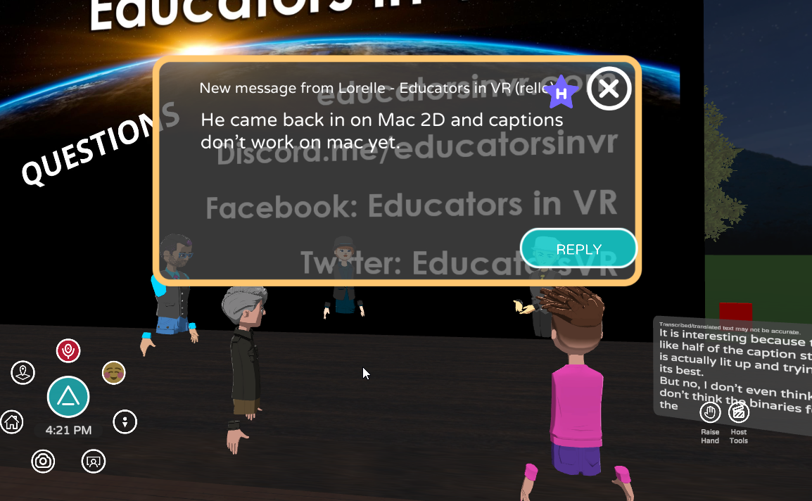 A new chat message pops up in a transparent box in front of the large screen