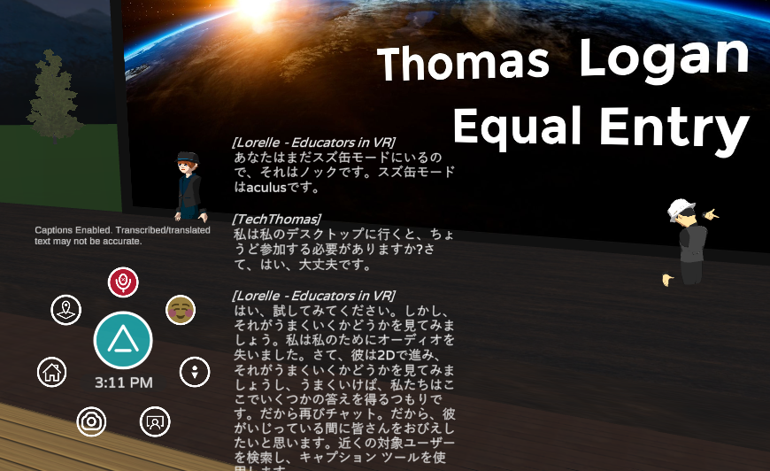 Large screen showing Educators in VR with Lorelle on the far side and Thomas on the opposite side while captions appear on-screen in Japanese