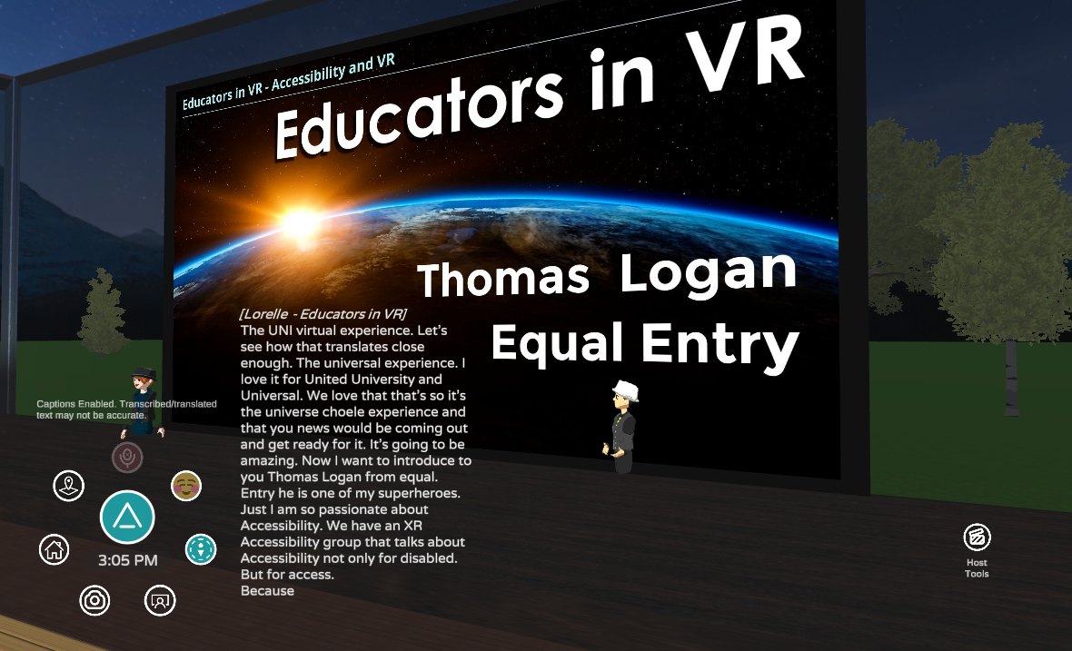 Educators in VR Thomas Logan Equal Entry with a sunset over earth appears on the large screen while two avatars and captions that contain 17 lines appear