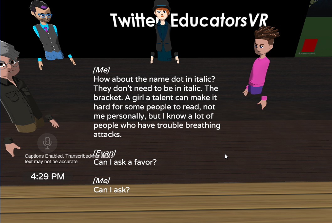 Four avatars appear on screen with captions from Evan and Meryl with Meryl's autocraptions not matching what she said