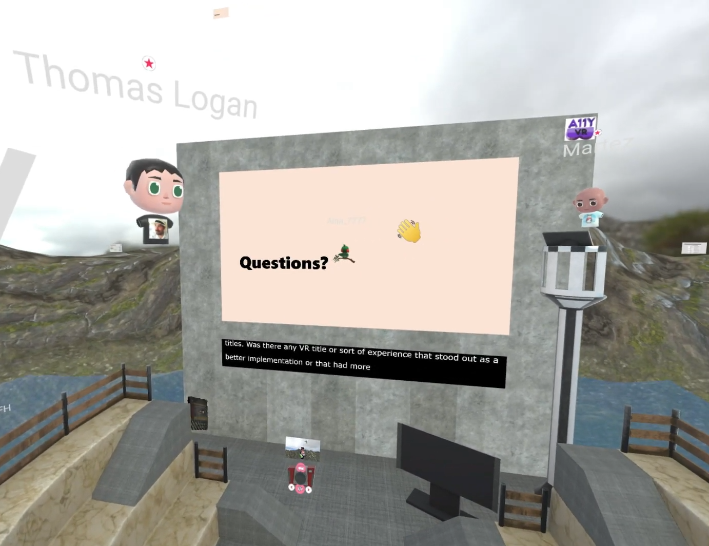 Version 3 shows the auditorium outdoors overlooking cliffs and water with accessible ramps. A tall podium is next to the wall with the screen for slides.