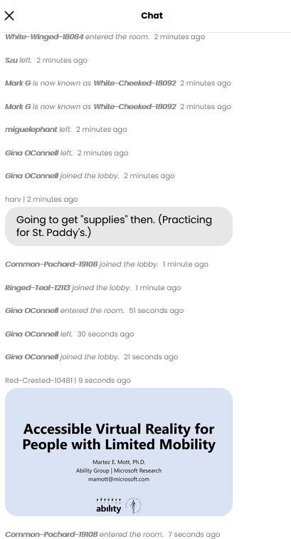 Chatbox showing everyone's entry, one message, and a screen capture by one of the attendees.
