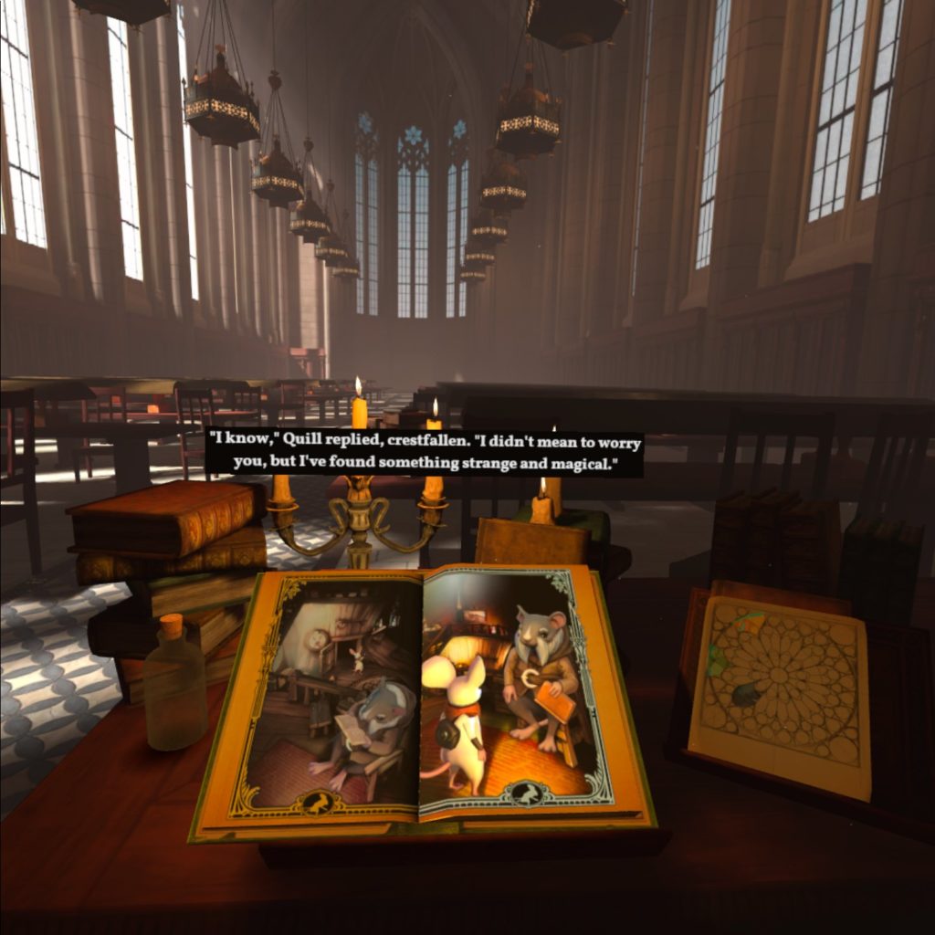 Scene from Moss showing captions with black baground and white text