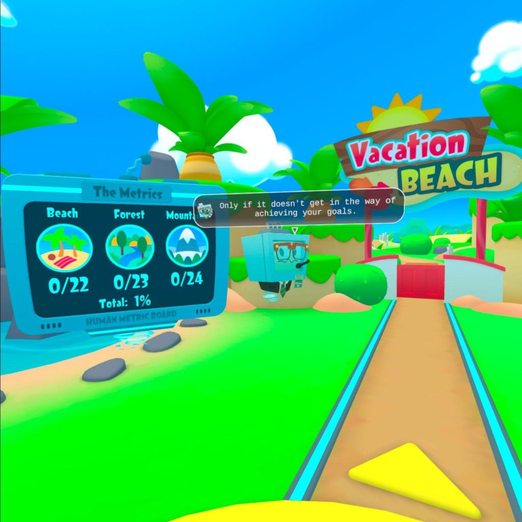 Scene from Vacatiom Simulator with transparent captions and identifies robot speaker