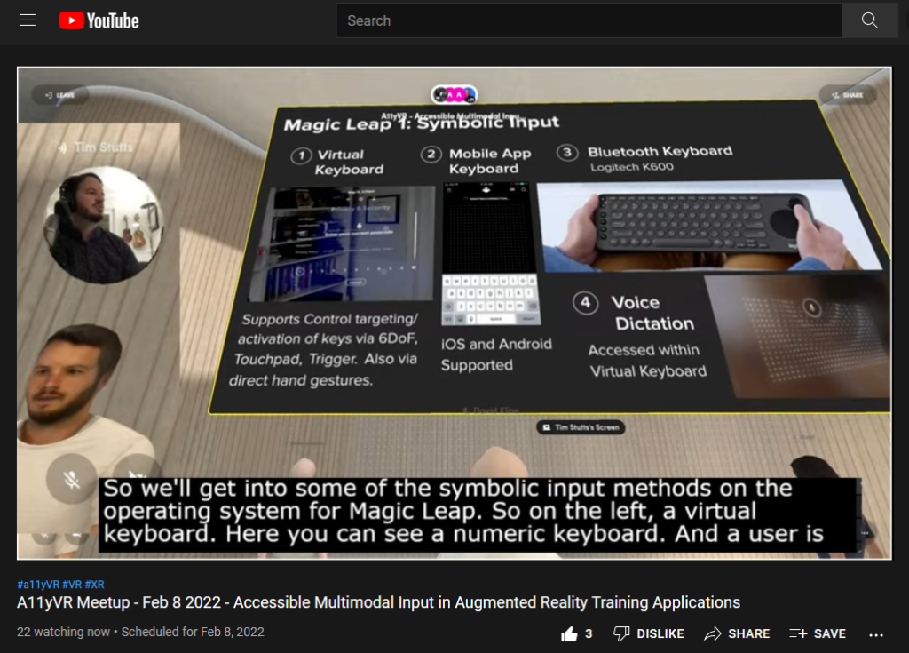 Screenshot showing Tim Stutt's avatar with his video camera on top of it, a slide, and captions