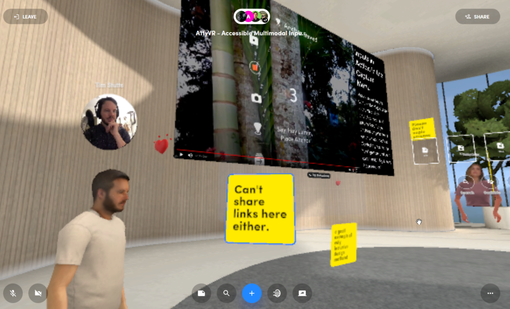 Sptial scene with Tim's Avatar and three sticky notes spread out looking blurry