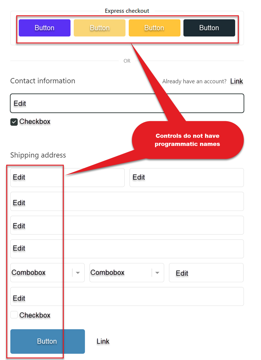 A checkout page with buttons and fields that don't have programmatic names