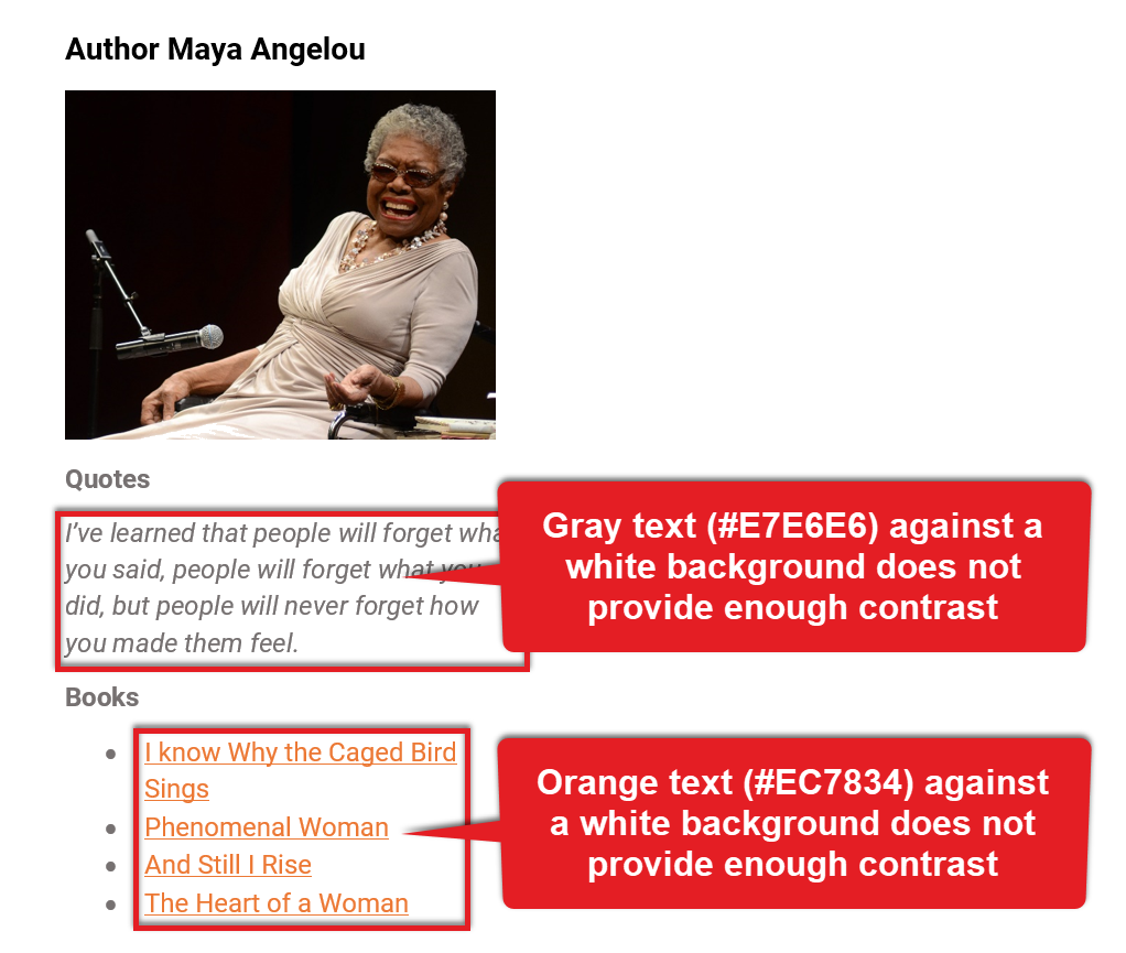 Author Maya Angelou with a quote and links to her books that don't have enough contrast
