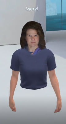 Meryl's avatar looks realstic reflecting her curly brown hair and lavender shirt