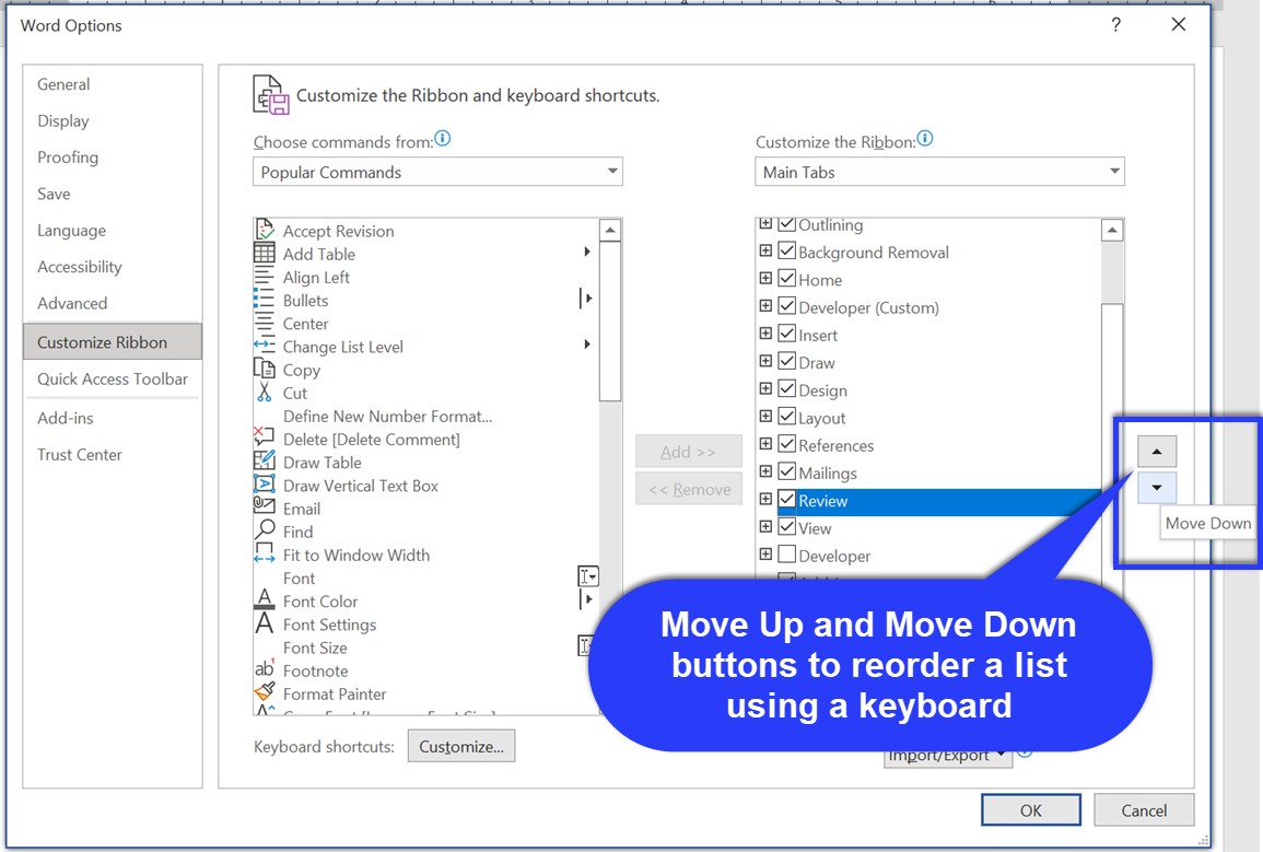 Microsoft Word Options with a Move Up and Move Down buttons that are accessible from a keyboard