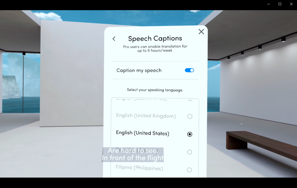 Speech captions settings with a caption in front of it that's barely noticeable
