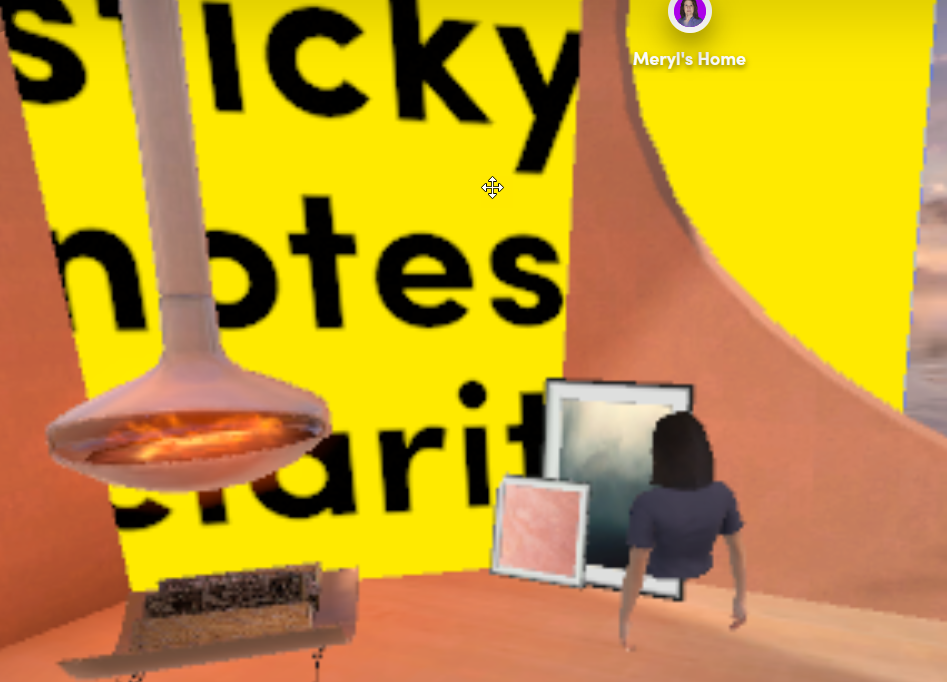 Sptial scene with Meryl's Avatar looking at a giant sticky note on the wall