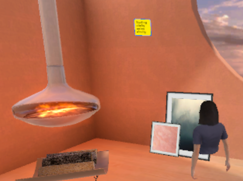 Sptial scene with Meryl's Avatar looking at a small sticky note on the wall