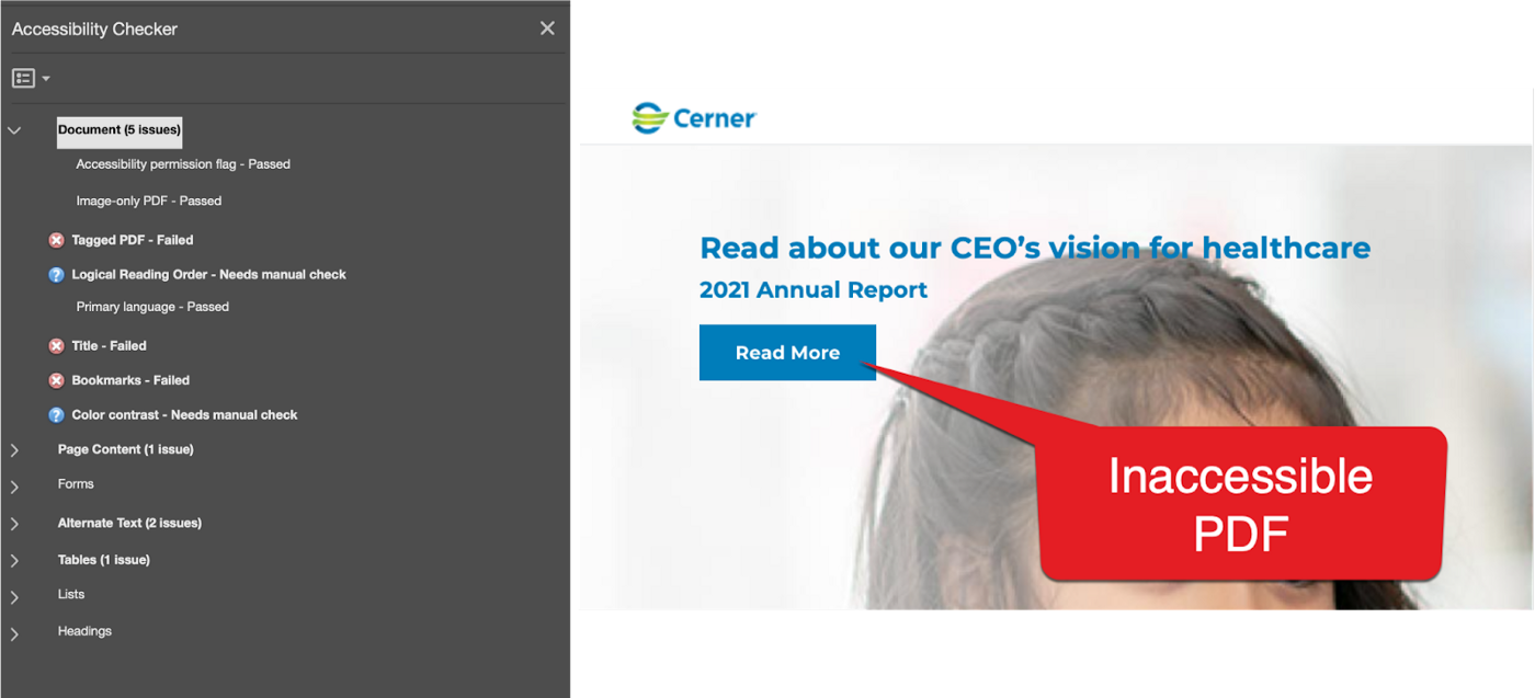 Adobe Acrobat Accessibility Checker Review Shows Numerous Issues in Cerner 2021 Annual Report