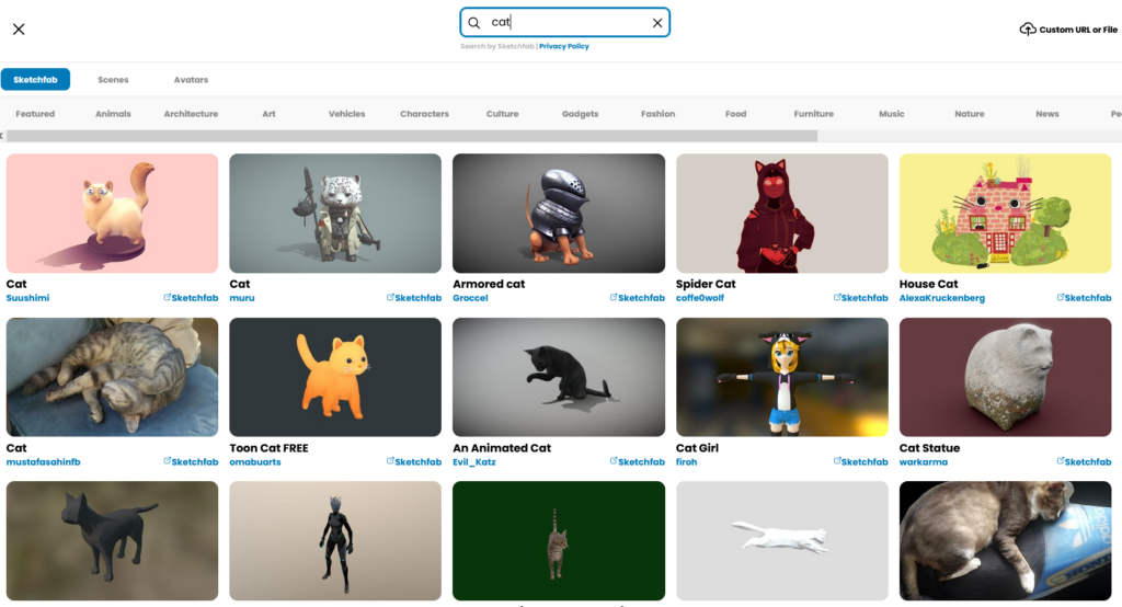 Searching for "cat" images on Sketchfab that shows results of different cats and one oddball character that's not a cat
