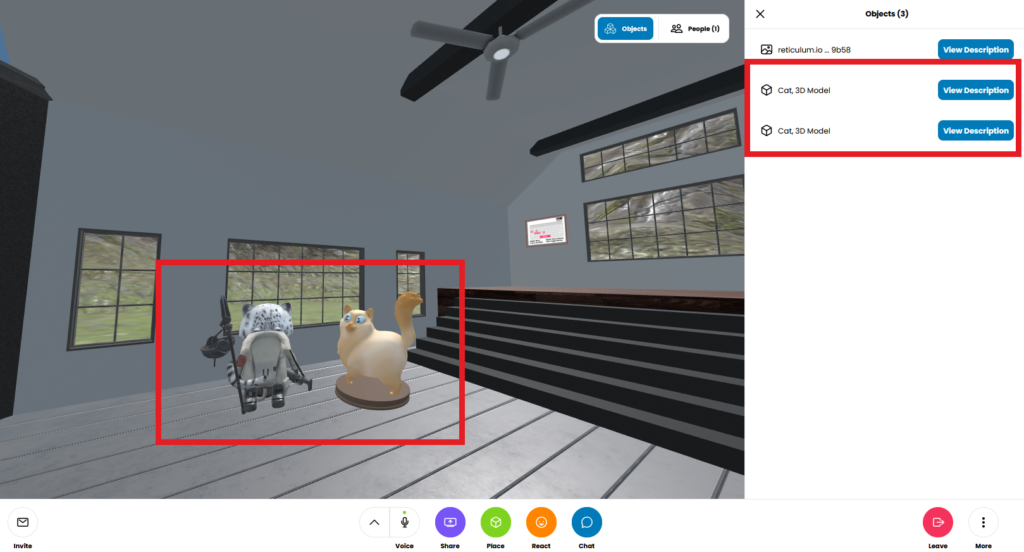 Screenshot of Hubs room showing two different cats and the objects menu where both cats are named "cat, 3d model"