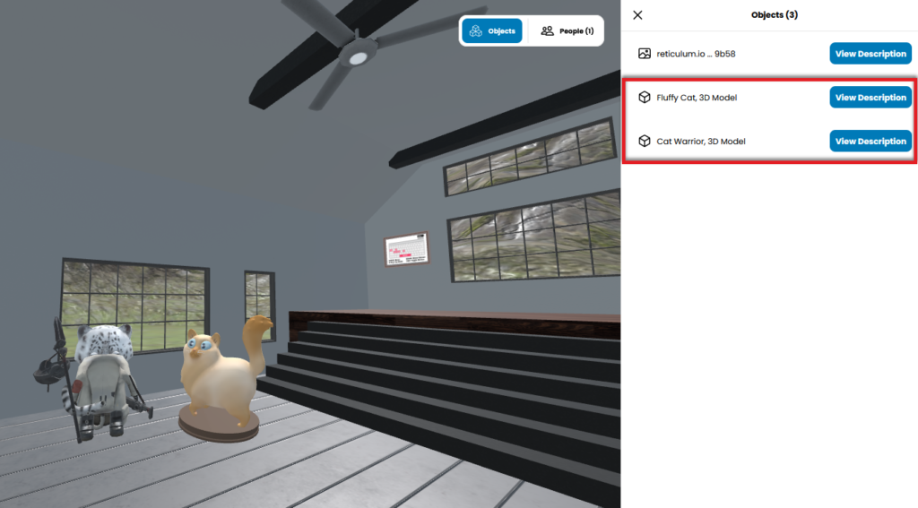 Hubs room with both cats on the scene. The Objects now show three items including Fluffy Cat, 3D model and Cat Warrior, 3D model. Select "View description" for their details.