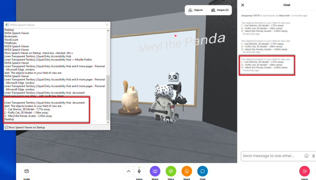 Screenshot of Hubs showing the chat on the right and NVDA speech viewer on the left. Both show the three objects in the field of view