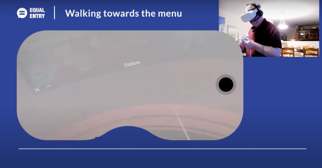 Shane in upper corner interacting with Quest 2 and main screen shows what he sees, which is a white overlay over the menu