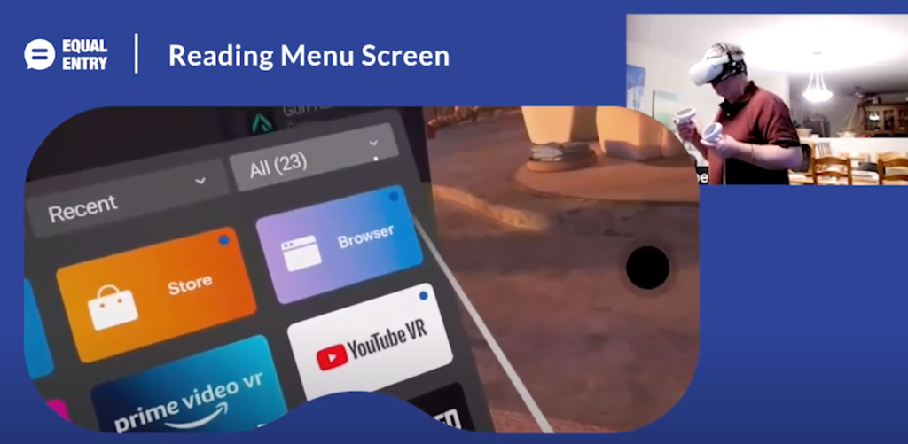 Shane in upper corner interacting with Quest 2 and main screen shows what he sees, which is a menu