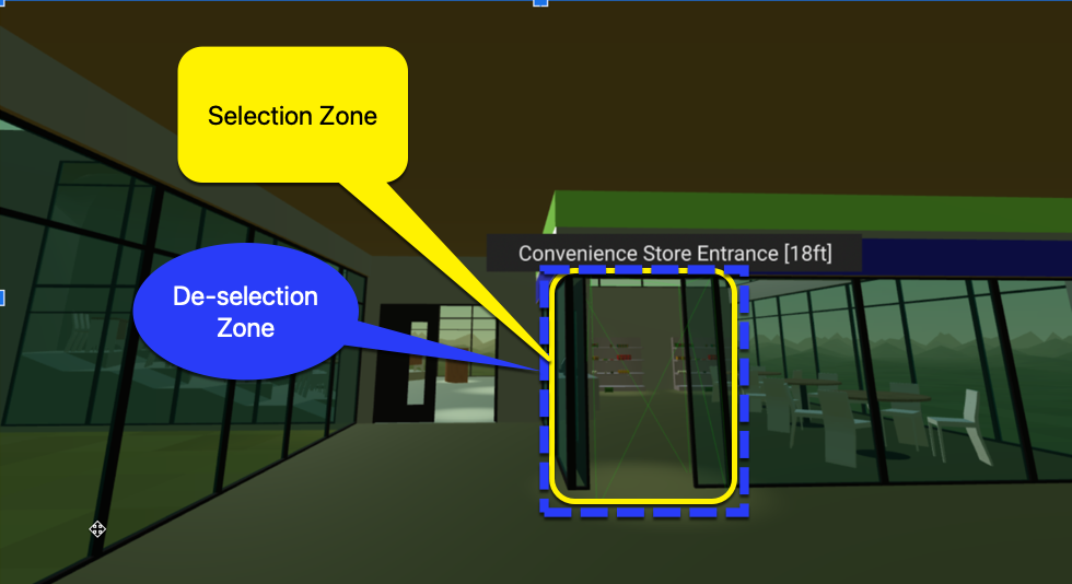 There is a convenience store on the right. The entrance door is covered by a green bounding box showing that the controller is pointing at it.