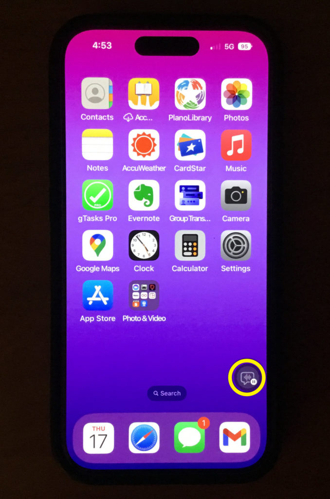 iPhone screen with Live Caption button completely visible