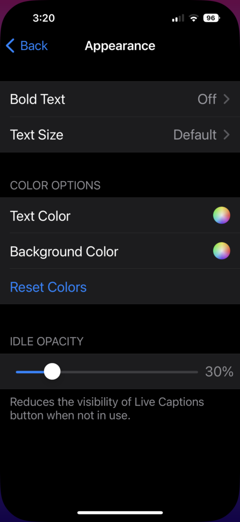 Screenshot of Live Captions Appearance options