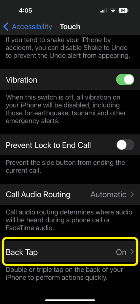 Screenshot of Touch options where Back Tap is on and circled