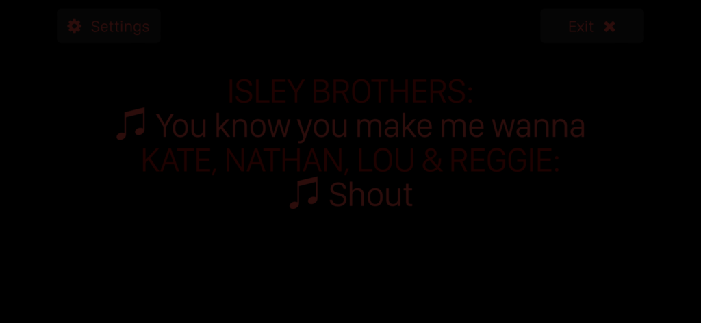 Screenshot of captions showing "Isley Brothers: You know you make me wanna. Kate, Nathan, Lou & Reggie: Shout" with speaker identification in a faint reddish pink and song lyrics in a brighter red.