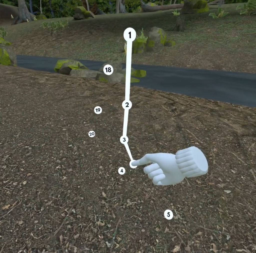 A riverbed where an avatar's hand traces the dots in a numerical sequence from one to four with five dots that haven't been connected yet.