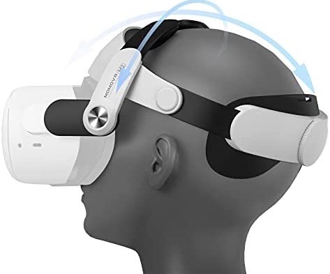 A side view of a mannequin wearing a VR headset. A wheel in the back of the head secures the headset. 