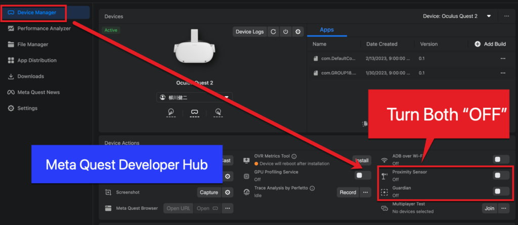 Screenshot of the Meta Quest Developer Hub. The Device Manager tab shows the connected device. The lower right corner has toggle controls for Proximity Sensor and Guardian. Both should be turned off.