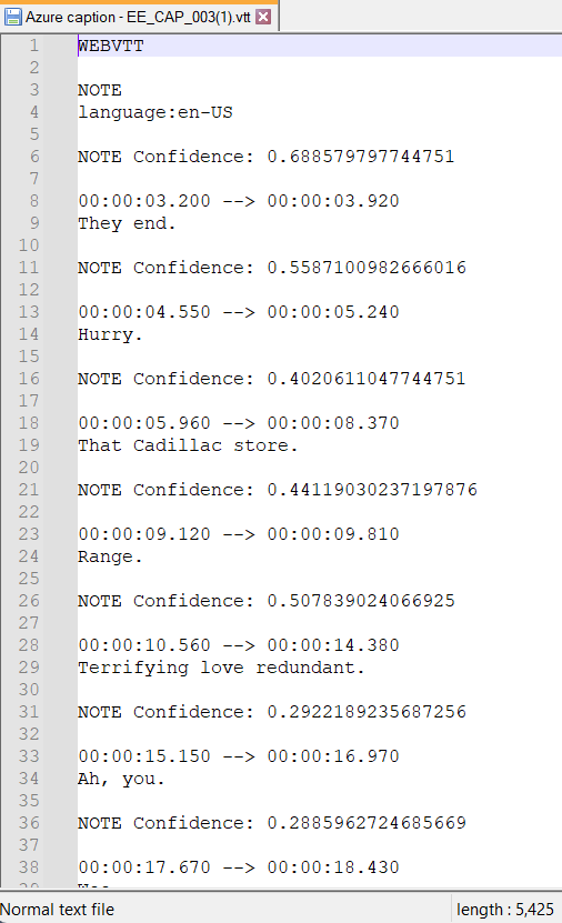 Screenshot of Video Manager Azure AI captions with confidence values for each caption.