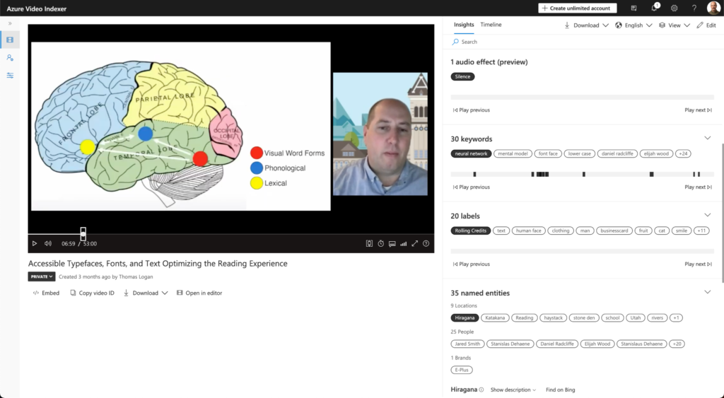 Screenshot of Microsoft Azure Video Indexer with Jared Smith presentation along with keywords, labels, and named entities from the video.