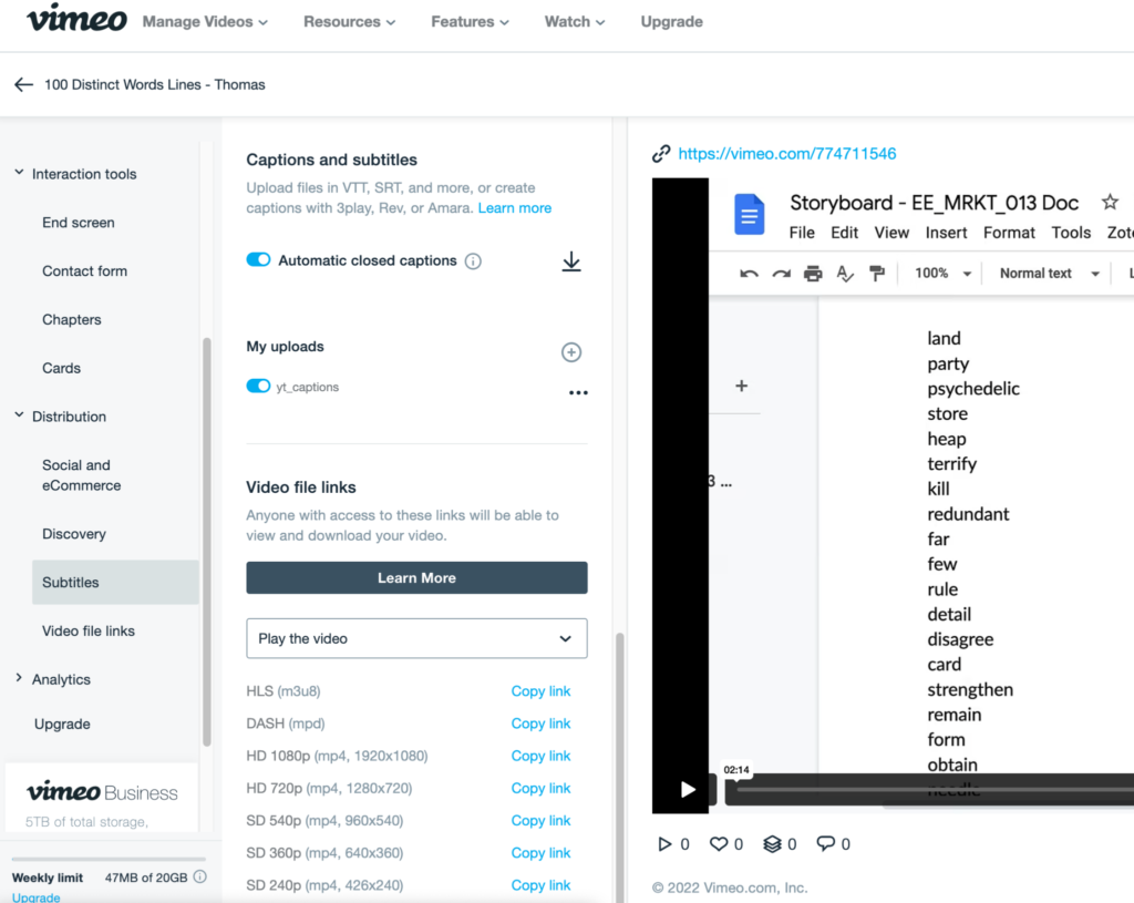 Screenshot of Vimeo's captions and subtitles page with downloadable captions.