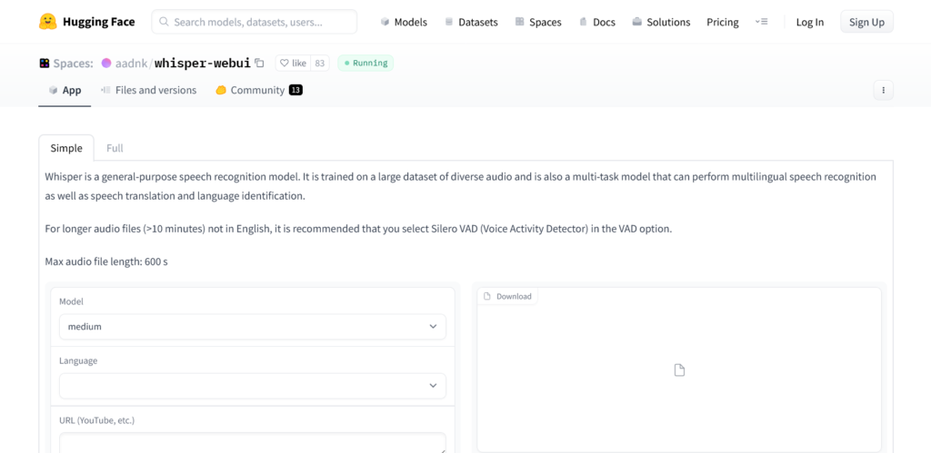 Hugging Face Whisper AI GitHub page to submit a request for a transcription of a video.