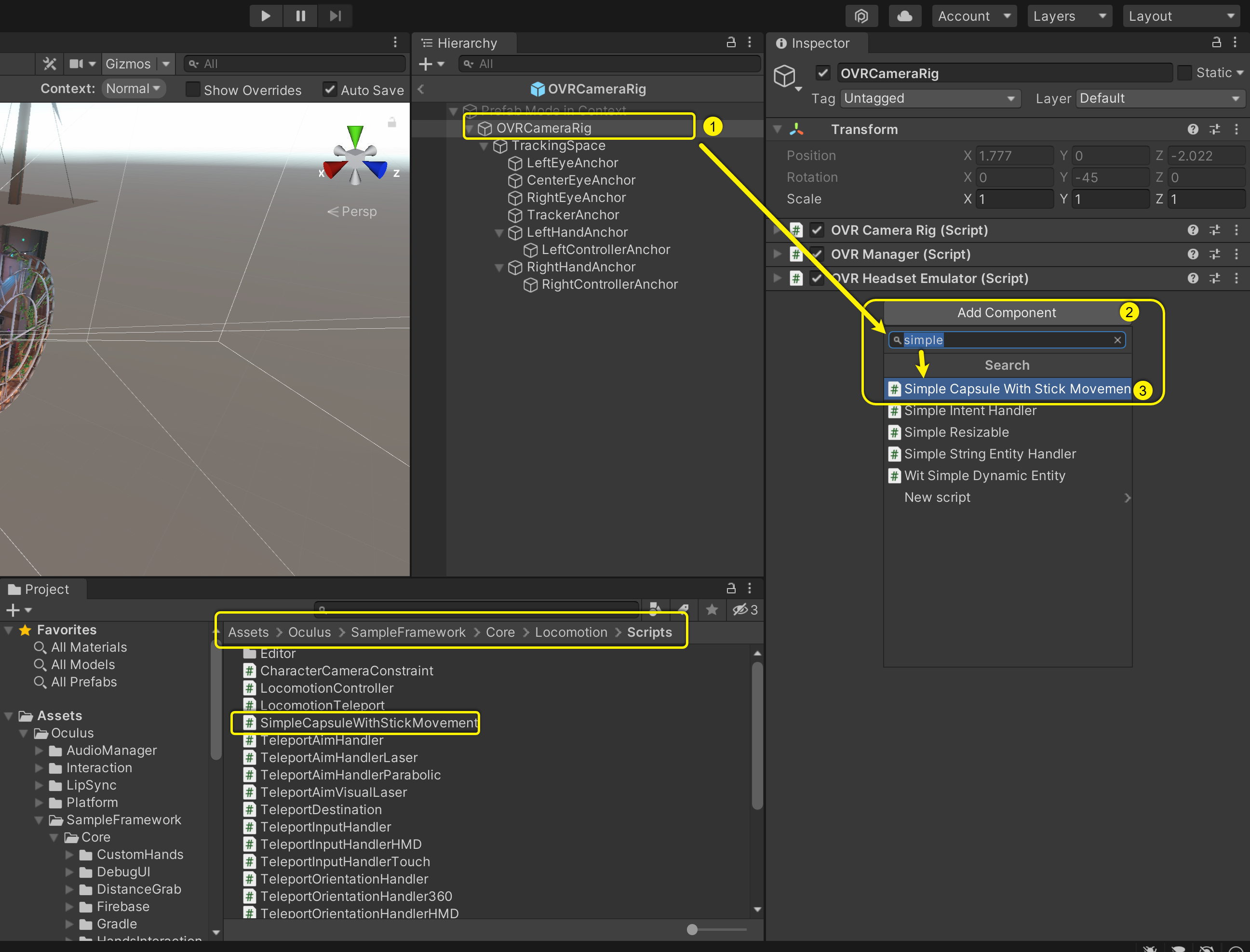Screen shot showing to open the OVRcameraRig. Then select add component in Inspector. Simple Capsule emerging in the search suggestion under add component dropdown. Also shows the location of the C# file.