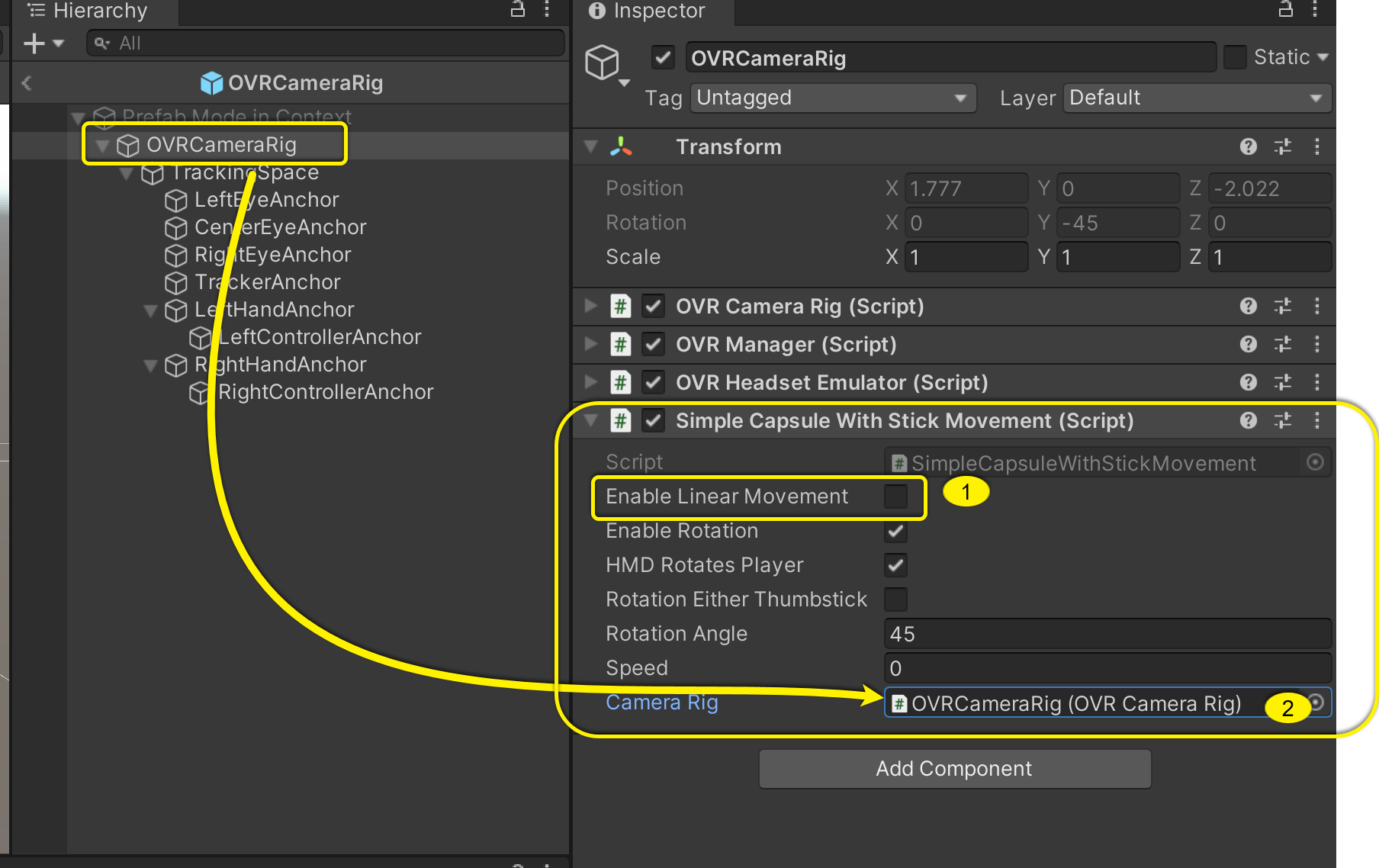 Screenshot of Unity Editor showing the first step is to check Enable Linear Movement checkbox. Second is the arrow pointing from OVRCameraRig in Hierachy to Camera Rig field under Simple Capsule with Stick Movement in Inspector.