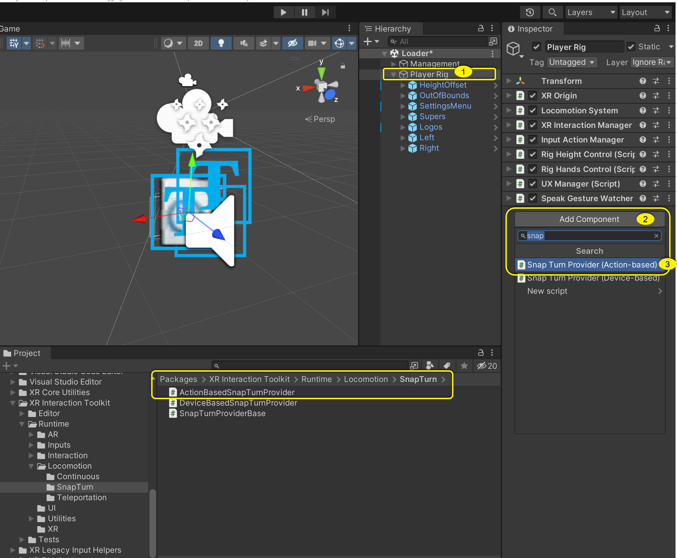 Screenshot indicating to select Player Rig first. And then Click add component to select Snap Turn Provider by typing the keyboard Snap in the search field.
